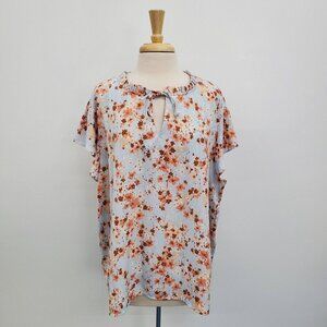 Ophelia Roe Womens Floral Print Ruffle Top Plus Size 3X Light Blue Peach Blouse
